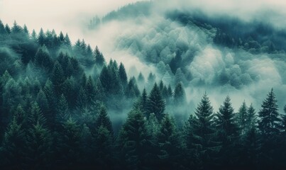Misty Forest Landscape with Pine Trees, Beautiful Morning or Evening Scenery Background