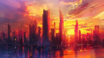 Abstract sunset over a futuristic city skyline with vibrant colors background
