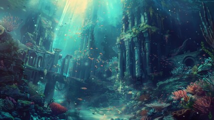 Fototapeta premium Underwater city among coral reefs and ancient ruins background