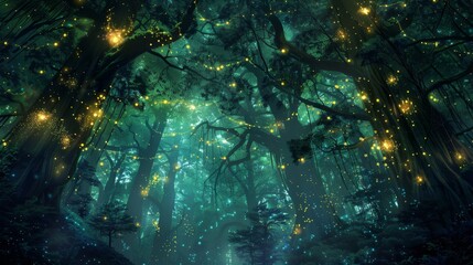 Enchanted forest with fireflies bioluminescent flora & moss mystical ambiance background