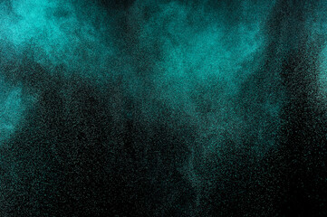 Grunge green texture. Aquamarine smoke cloud on black background. Light blue textured on dark sky. Space backdrop. Explosion overlay pattern.	
