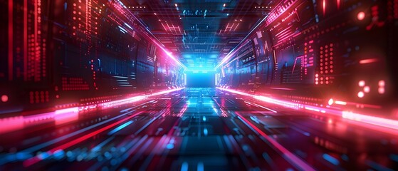 Obraz premium Futuristic Digital Tunnel with Vibrant Neon Lights and Geometric Pattern Showcasing Technology and Innovation