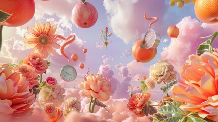 Dreamscape with oversized fruits flowers and surreal elements background