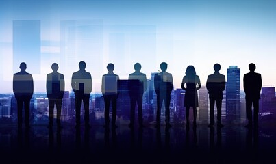 Silhouette of Business People Standing in Front of City Skyline at Sunset blue sky Background