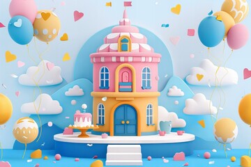 A majestic fort with pink walls surrounded by bright-colored balloons and confetti