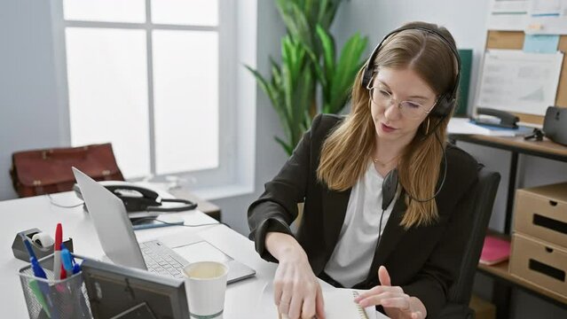 A focused blonde woman in business attire uses a headset and laptop, taking notes in a bright office.