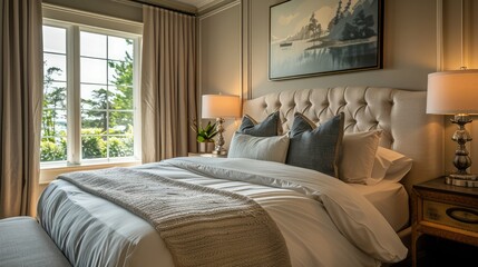 A bedroom with a plush bed, a nightstand with a lamp, and a large window with soft curtains, creating a calming atmosphere
