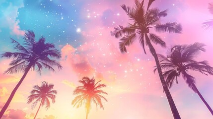 Obraz premium Dreamy tropical sunset: palm silhouettes against pastel sky with stars clouds background