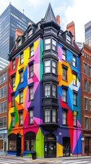 Fototapeta premium Colorful building with graffiti mural on bustling city street corner