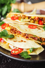 set of delicious fresh colorful quesadilla on a dark background
