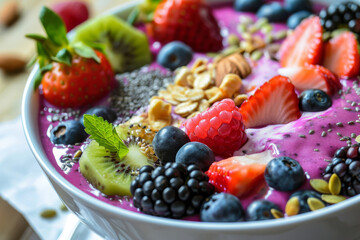 Colorful smoothie bowl of fruit and nut