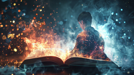 A surreal scene of an open book with iconic movie scenes popping out in 3D effect 