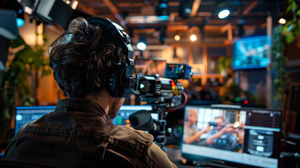 'Behind-the-scenes shot of a producer directing the broadcast from the studio gallery' 