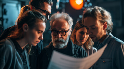 'Actors and director gathered around a script, discussing intensely in a studio' 