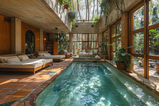 Piscina larga en el interior de una casa de lujo. Ventanales altos y tumbonas grandes con cojines. Arquitectura interior y dise&ntilde;o. 
