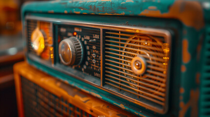 Obraz premium Close-up of a vintage radio with vibrant dials and textured speaker grill, soft lighting 