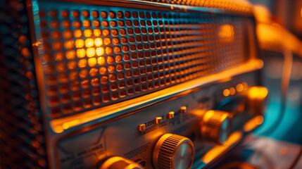 Close-up of a vintage radio with vibrant dials and textured speaker grill, soft lighting 