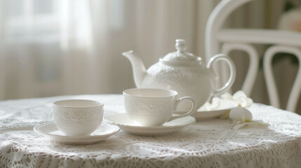 Fototapeta na wymiar 'Closeup of a white ceramic tea set on a white lace tablecloth' 