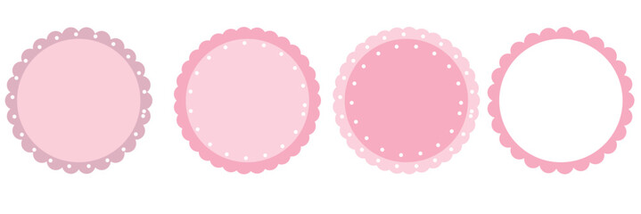Scalloped Edge Stitched Circle Badge Vector Set. Simple label sticker frame template. Cute vintage frill ornament. Vector illustration isolated on white background. 