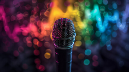 Dramatic lighting on a microphone with colorful abstract sound waves emanating in the background 
