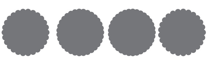 Scalloped Edge Stitched Circle Badge Vector Set. Simple label sticker frame template. Cute vintage frill ornament. Vector illustration isolated on white background. 