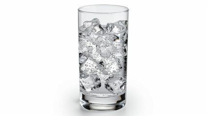 Elegant glass of sparkling water with ice cubes, isolated on a pure white background 