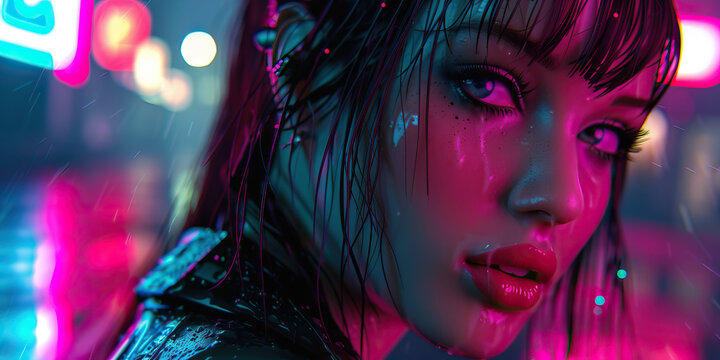 A cyberpunk femme fatale, adorned in latex and neon lights, prowls the streets, her presence commanding attention despite the technological overload