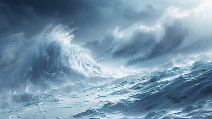 Stormy blue waves crash under a cloudy sky