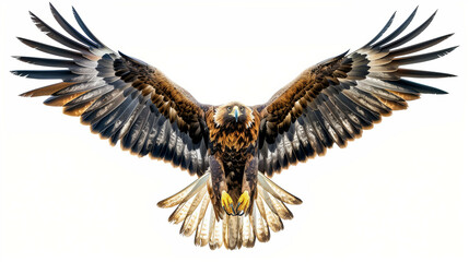Obraz premium 'Golden eagle with wings spread wide, isolated on a white background, symbol of majesty' 