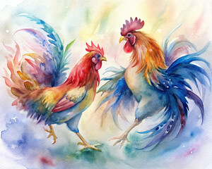 Vibrant watercolor painting of two roosters locked in combat, feathers fluttering