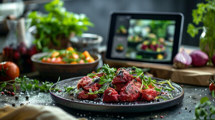'Modern food photography setup showing a tablet with image previews beside the dish' 