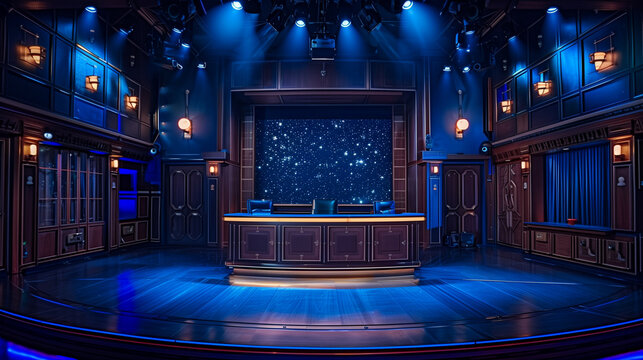 'Late night TV show set, spotlight on empty host desk before the show begins' 