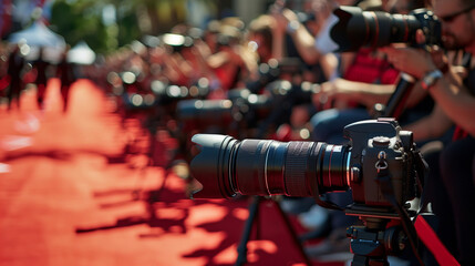 'Photographers&rsquo; pit at a red carpet event, cameras ready to capture the glamour' 