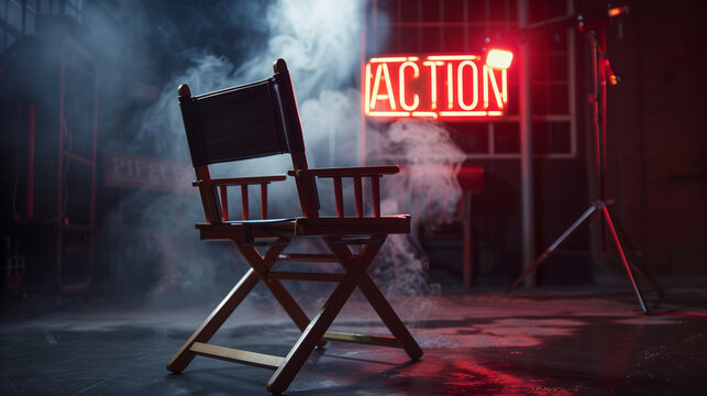 'Side view of a director's chair with a neon sign spelling ACTION in the background, dramatic lighting' 