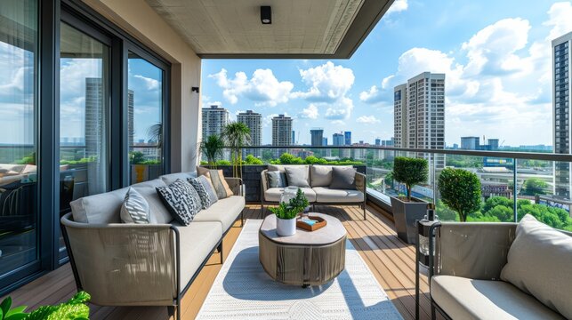 A modern balcony with comfortable outdoor furniture and potted plants, offering a relaxing city view