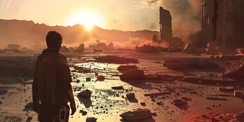 Fototapeta premium desolate future, an augmented wanderer navigates the decayed cityscape, their tech-infused vision offering a flicker of renewal amidst the devastation.
