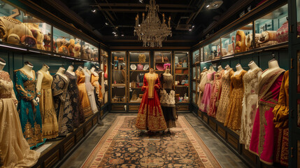 'Wide-angle shot of a bustling costume department with various outfits on display' 