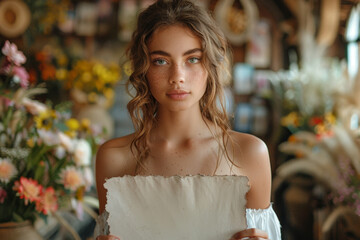 Naklejka premium Chica sujetando un papel en las manos para poner una felicitación o nombre de persona, tienda de flores, recurso gráfico