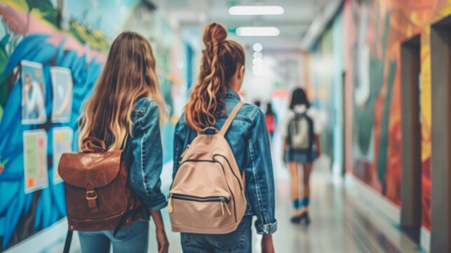 Two young girls, each carrying a backpack, walking briskly down a hallway with tiled floors and bright overhead lighting.