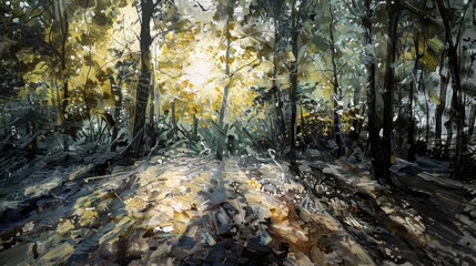 Fototapeta premium Dappled sunlight in an abstract forest background