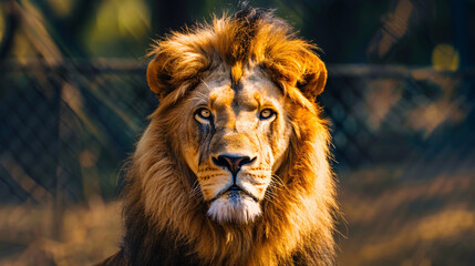 Obraz premium Lion in sunlight. A majestic lion basking in the sunlight with a focused expression. AI generative.