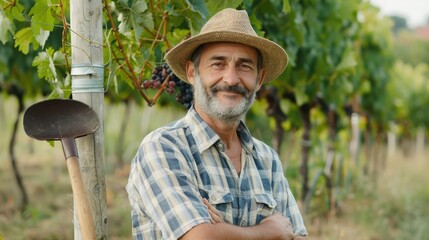 Mature farmer with a shovel posing on a grapevine field 