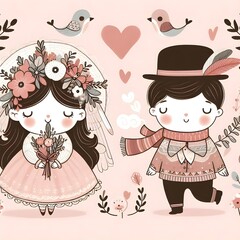 Whimsical love couple valentine hearts cartoon illustration 