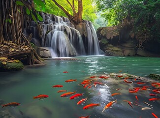 Beautiful waterfall in tropical rain forest with turquoise water pool and fishes, Erawan national park K crop area Thailand, professional photography, award winning photo, sharp focus on subject, 