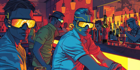 Cyberpunk inspired bar patrons and bartenders all wearing VR glasses virtual ag