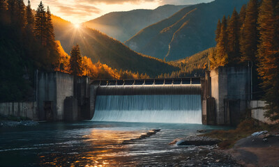 dam in the mountains at sunset