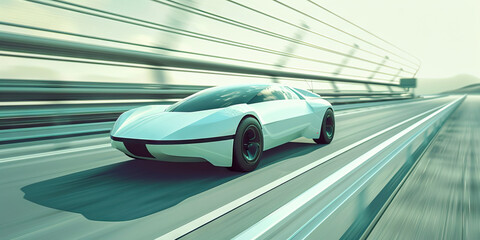 Obraz premium A futuristic car speeds down the highway, its sleek design blending seamlessly with the environment. 
