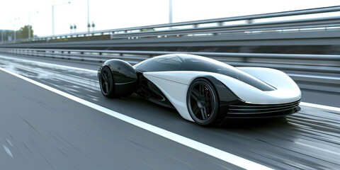 Obraz premium A futuristic car speeds down the highway, its sleek design blending seamlessly with the environment. 