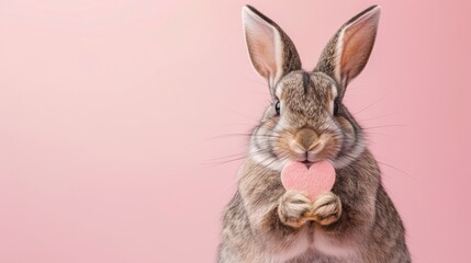 Obraz premium An Endearing Brown Rabbit Nibbling on a Soft Pink Heart, Set Against a Complementary Pink Backdrop. Funny animal for banner, flyer, poster, card with copy space