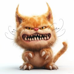 Scary cat monster, on a white background, cartoon style, 3d image.